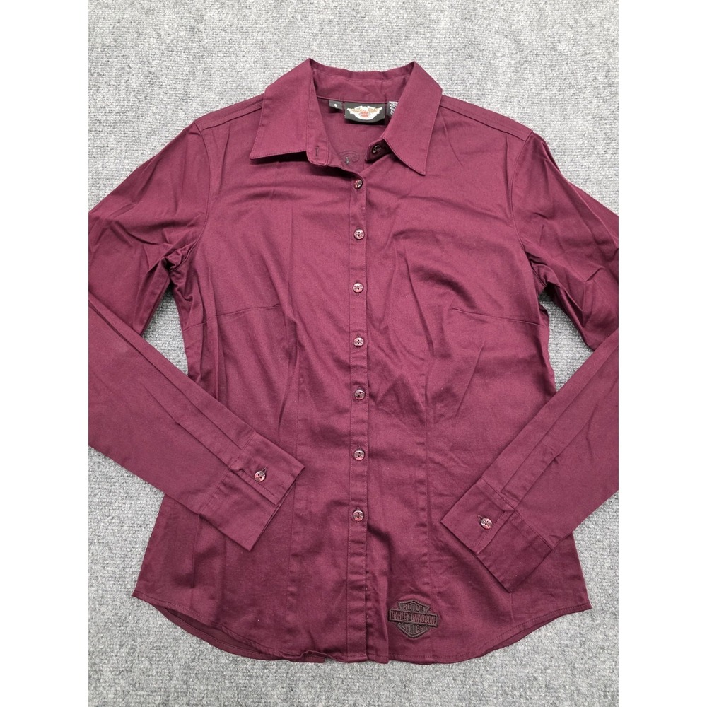 Harley Davidson Y2K Ladies Burgundy Button Embroidered Fitted Shirt‎ - S